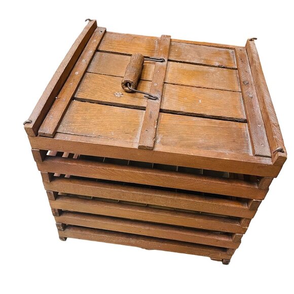 Vintage Wooden Egg Crate Carrier Storage Box With Handle Brown Farmhouse - Picture 6 of 6